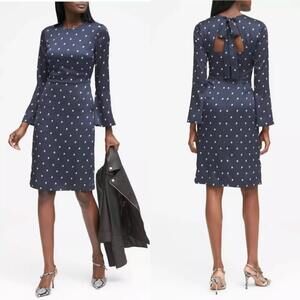 Banana Republic Dress Tie Back Pearl Print Long Bell Sleeve Navy Blue Size 4